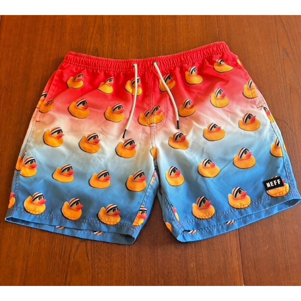 MENS NEFF RUBBER DUCK RAINBOW DRAWSTRING SWIM BOARD SHORTS SIZE L Beach‎ Travel